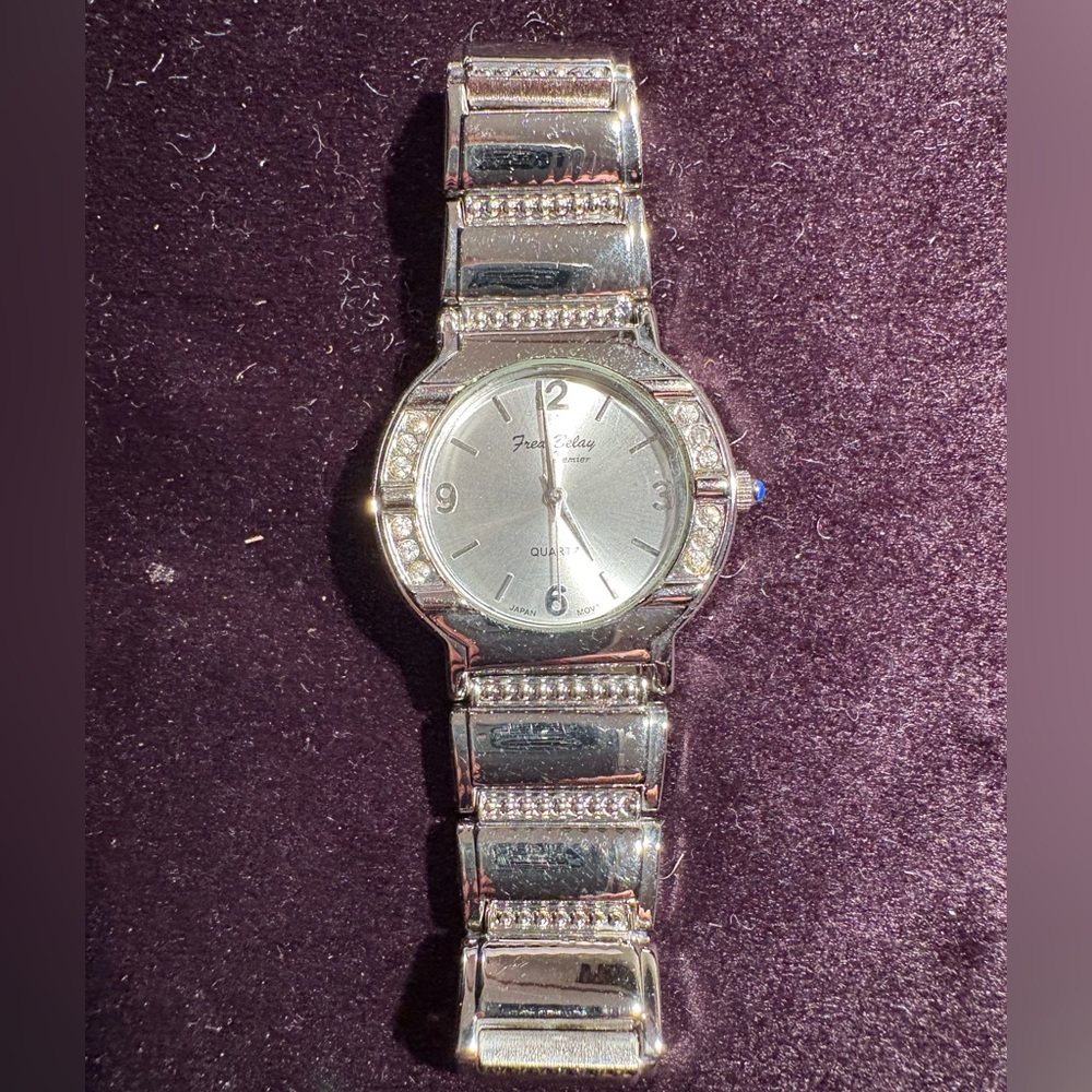 Vintage Fred Belay Premiere Quartz Ladies Silver Tone Watch with Crystal Accents